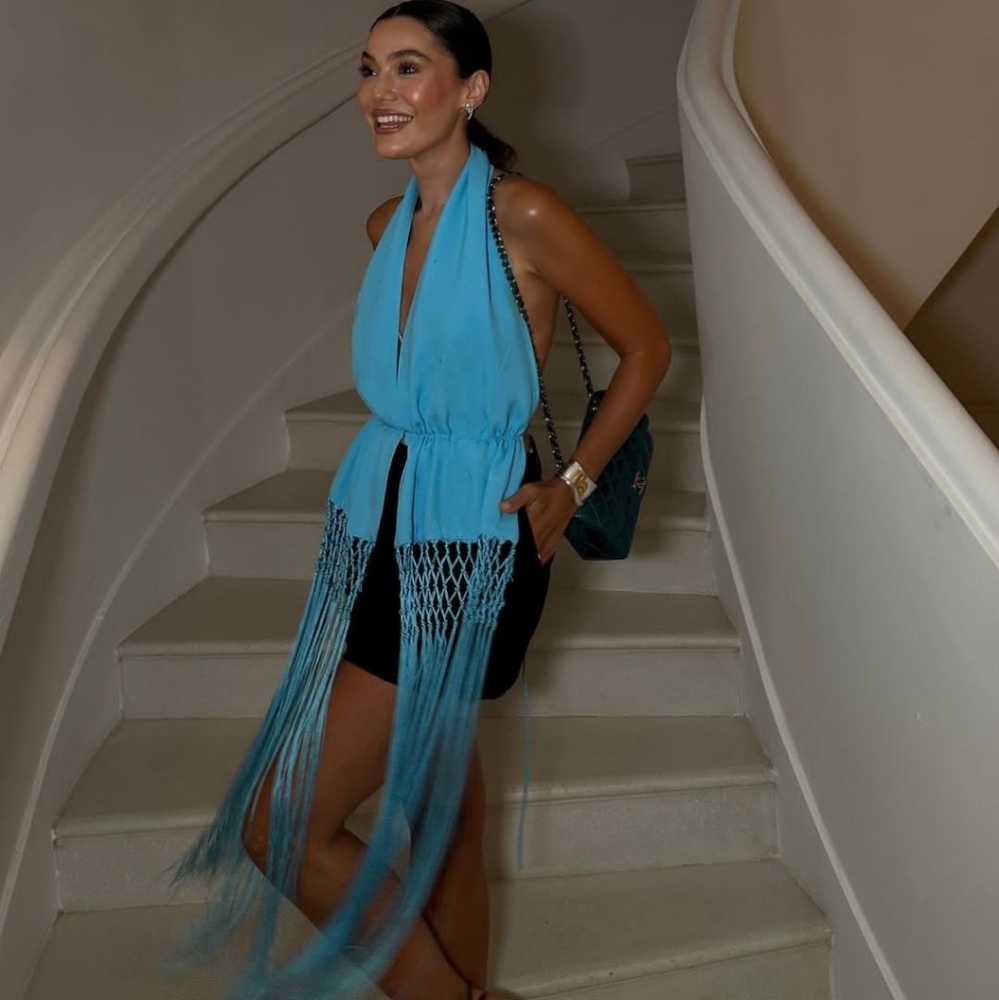 Zara Fringe Halter Top Ibiza Festival Resort Beach Top Blue Size S - Picture 4 of 14